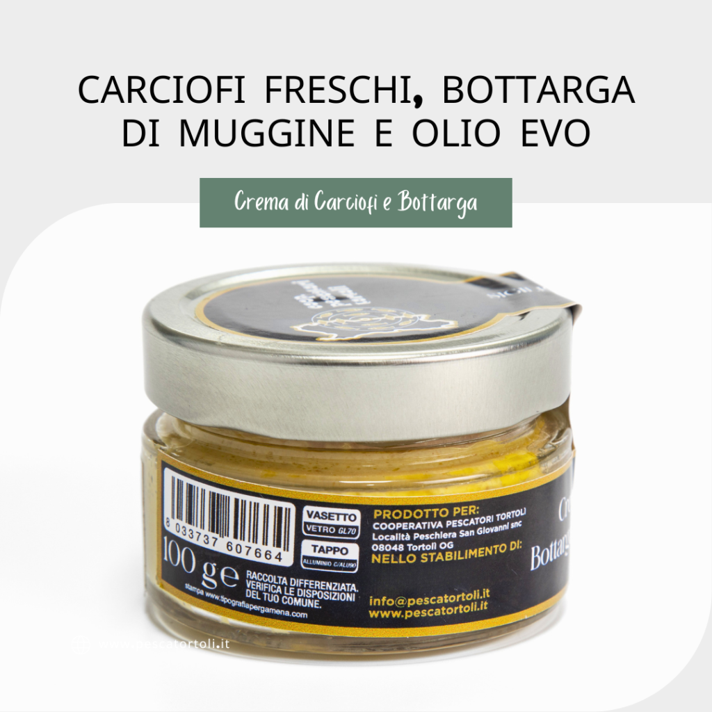 Ingredienti naturali della Crema di Carciofi e Bottarga_ carciofi freschi, bottarga di muggine e olio extravergine di oliva